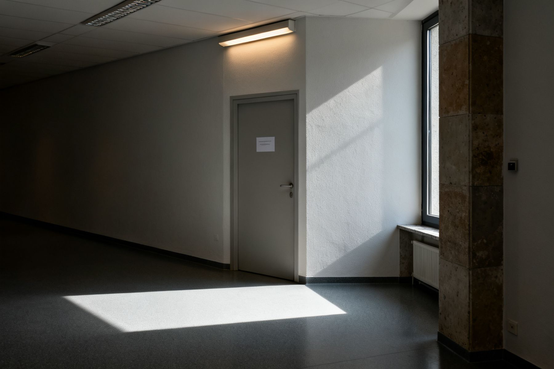 Leerer Behördenflur mit Linoleumboden und geschlossenen Türen, Licht von einem Seitenfenster