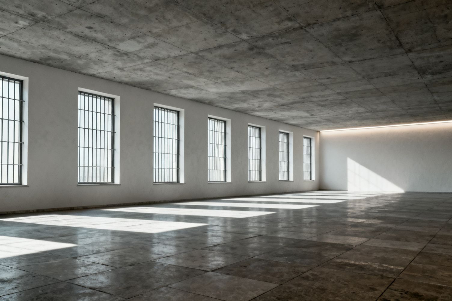 Leerer heller Saal mit Betondecke und langen Fensterachsen, keine Möbel