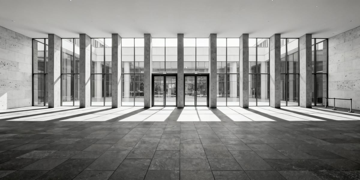 Leere Vorhalle mit Betonstützen, Tageslicht fällt durch eine Fensterfront