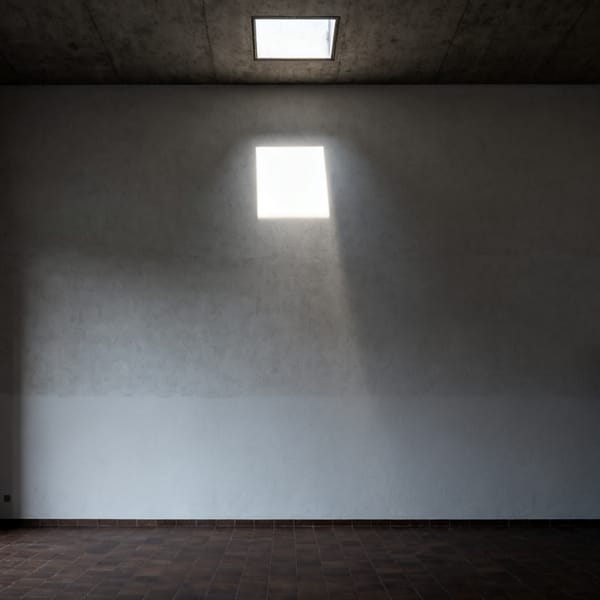 Schmales Fenster hoch in einer Betonwand, Tageslicht auf einer leeren Wandfläche