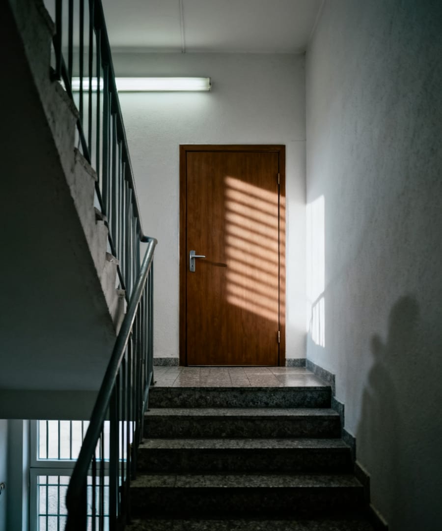 Treppenhaus eines Wohnhauses mit geschlossener Wohnungstür im Halbdunkel