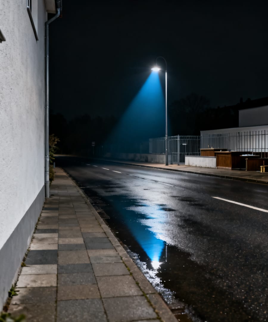 Nasse Straße bei Nacht, Lichtkegel einer Laterne auf dem Asphalt