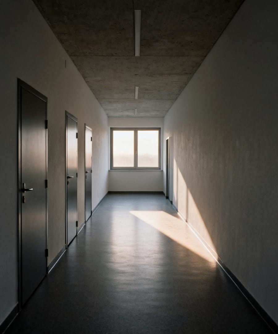 Leerer Behördenflur mit Linoleumboden, Morgenlicht aus einem Seitenfenster